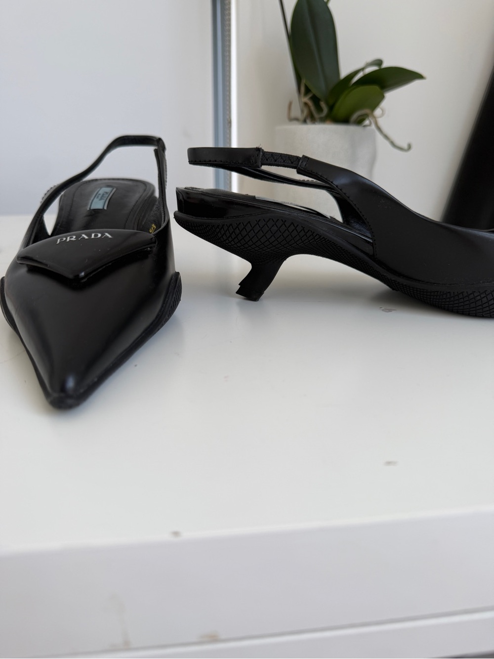 Prada Black Pointed Slingback Pumps with Logo Plaque - Picture 4 of 7